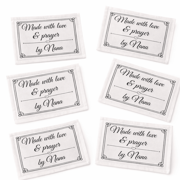 Made with Love & Prayer Quilt Labels – Personalized Name, Ornate Frame Design, 6 Per Sheet, Cotton or Polyester Fabric Tags - Jammin Threads