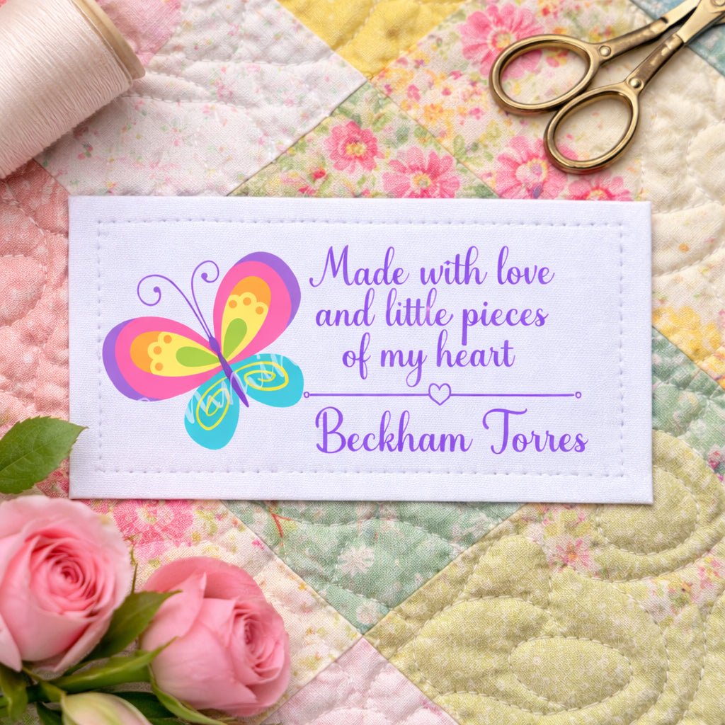 Made With Love Quilt Labels – Personalized Butterfly Quilt Label – Handmade By Quilt Tag – Set of 8 Labels – Cotton or Polyester - Jammin Threads