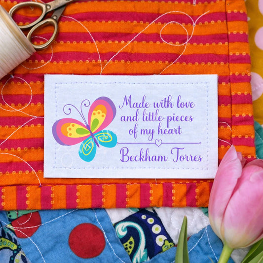 Made With Love Quilt Labels – Personalized Butterfly Quilt Label – Handmade By Quilt Tag – Set of 8 Labels – Cotton or Polyester - Jammin Threads