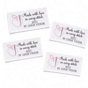 Made With Love Quilt Labels – Personalized Quilt Label Sheet – Custom Sewing Labels with Name & Year – Needle & Heart Design – 8 Per Sheet - Jammin Threads
