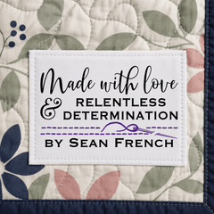Made with Love & Relentless Determination Personalized Quilt Labels with Purple Accents - Jammin Threads