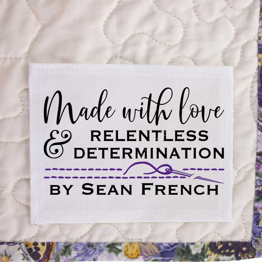 Made with Love & Relentless Determination Personalized Quilt Labels with Purple Accents - Jammin Threads