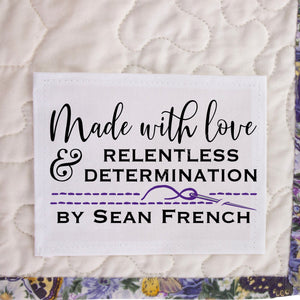 Made with Love & Relentless Determination Personalized Quilt Labels with Purple Accents - Jammin Threads