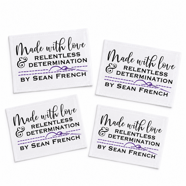 Made with Love & Relentless Determination Personalized Quilt Labels with Purple Accents - Jammin Threads
