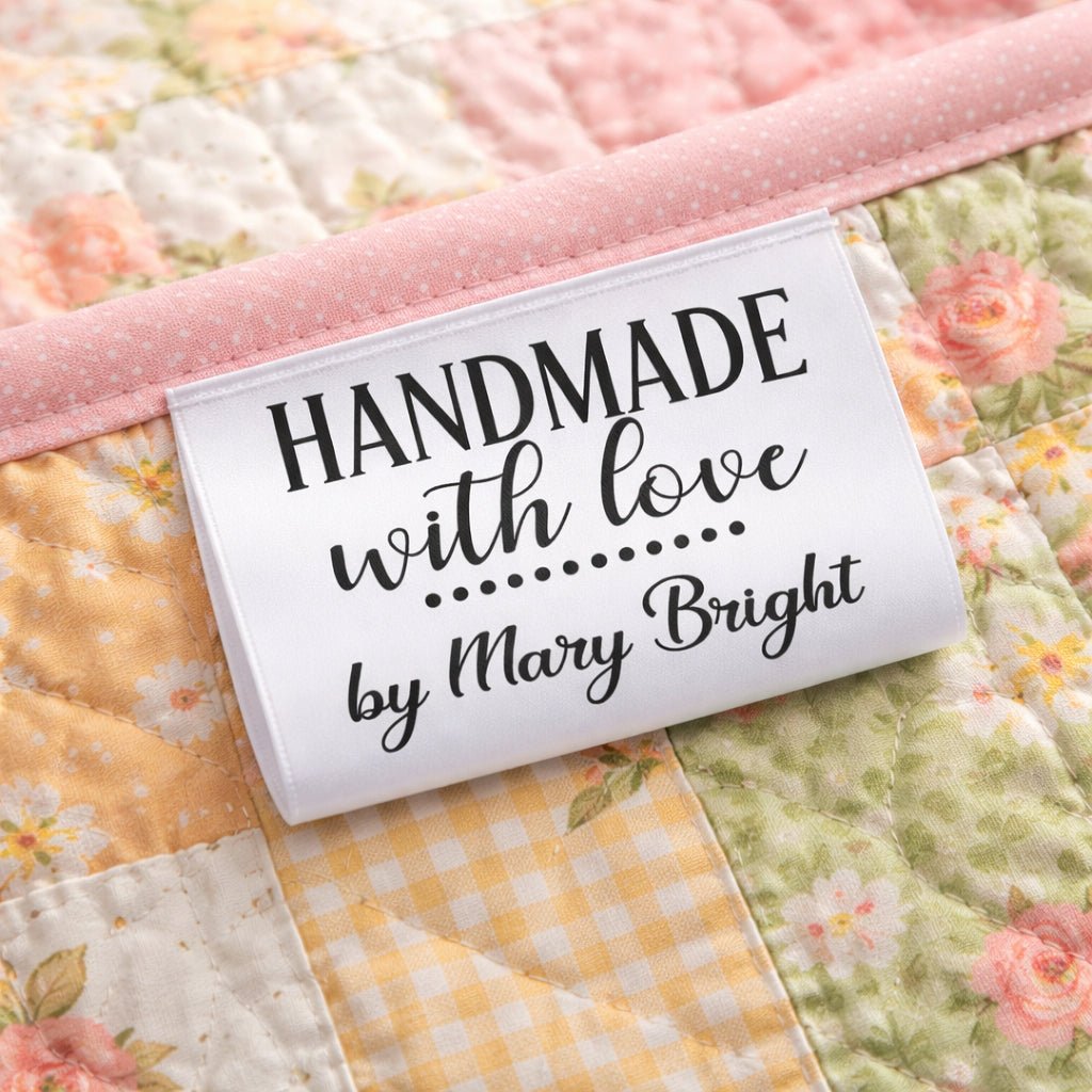 Made With Love Satin Labels – Personalized Sewing Tags – Custom Fold Over Quilt Labels with Name – Handmade Tag 2 x 1.25 (25 Pack) - Jammin Threads