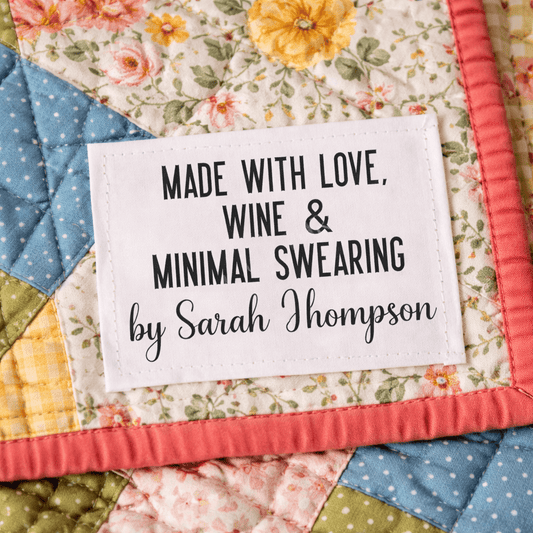 Made with Love Wine and Minimal Swearing Quilt Label – Funny Personalized Quilt Label – Custom Quilt Tag – Cotton or Polyester - Jammin Threads
