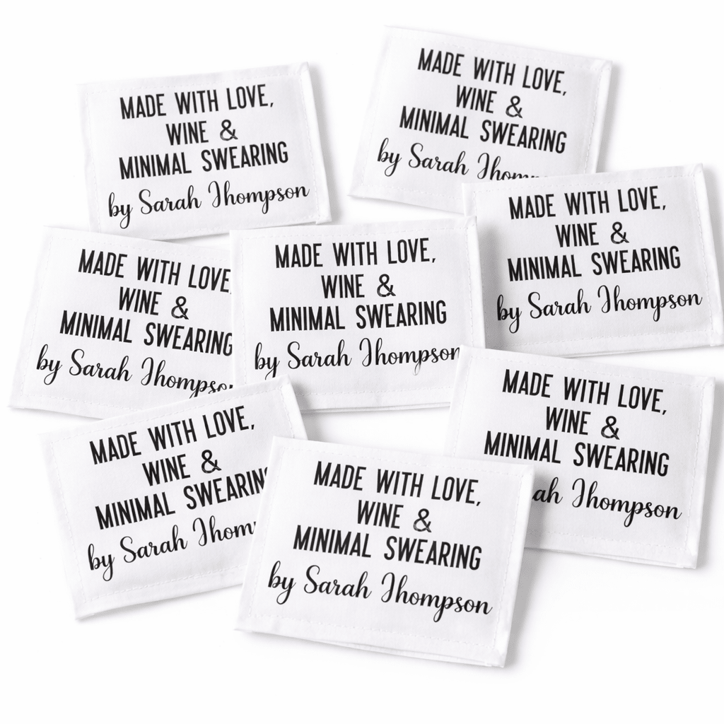 Made with Love Wine and Minimal Swearing Quilt Label – Funny Personalized Quilt Label – Custom Quilt Tag – Cotton or Polyester - Jammin Threads
