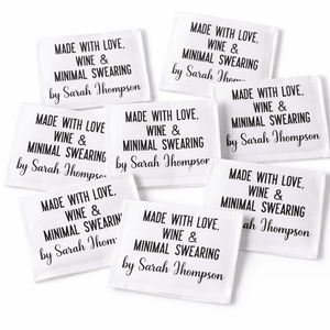 Made with Love Wine and Minimal Swearing Quilt Label – Funny Personalized Quilt Label – Custom Quilt Tag – Cotton or Polyester - Jammin Threads