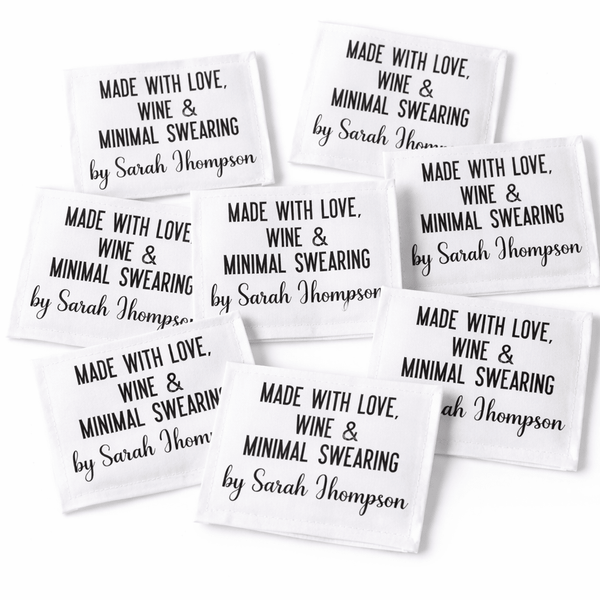 Made with Love Wine and Minimal Swearing Quilt Label – Funny Personalized Quilt Label – Custom Quilt Tag – Cotton or Polyester - Jammin Threads