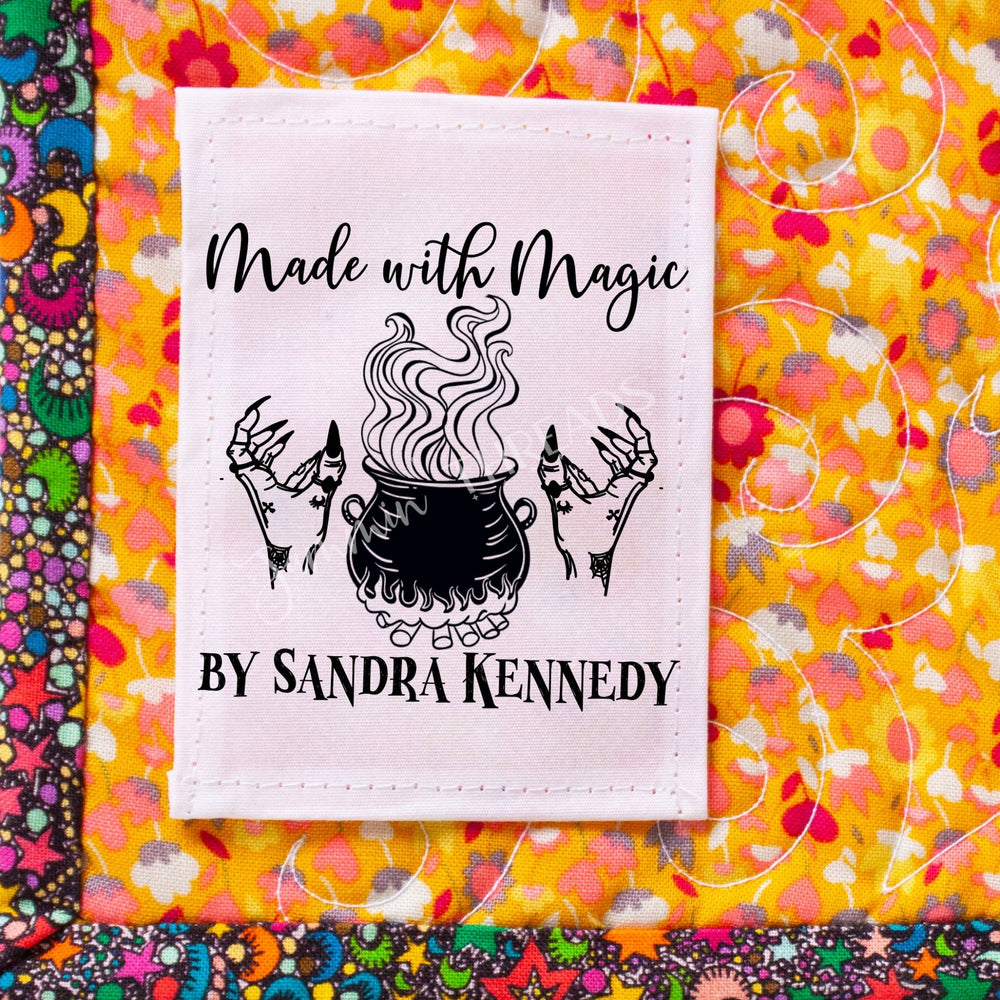 Made with Magic Personalized Quilt Label with Cauldron and Witch Hands - Jammin Threads