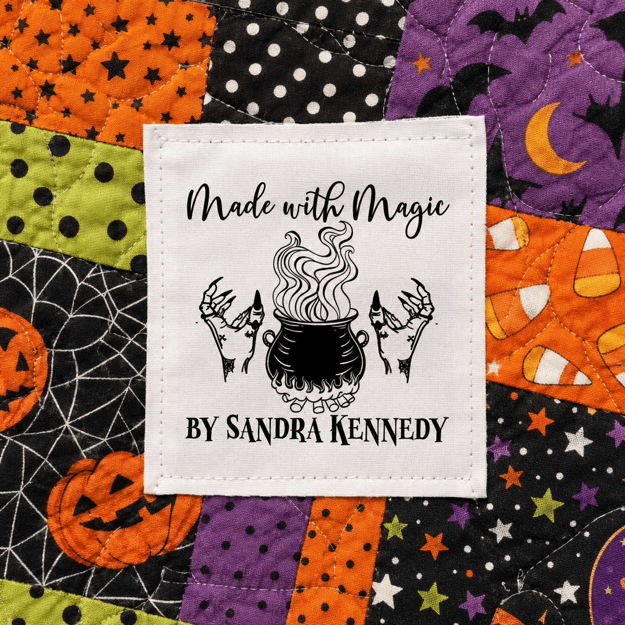 Made with Magic Personalized Quilt Label with Cauldron and Witch Hands - Jammin Threads