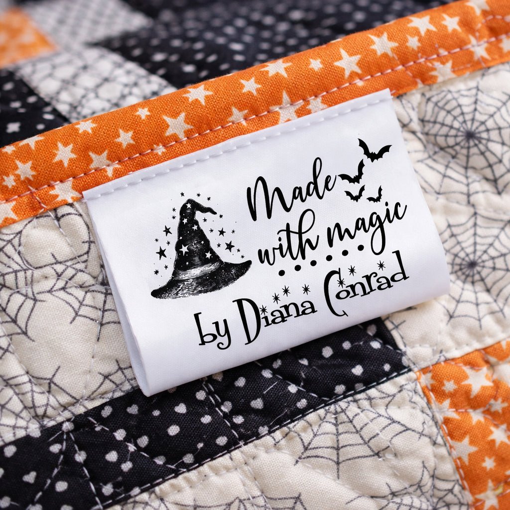 Made With Magic Satin Labels – Personalized Witch Hat Sewing Tags – Halloween Sewing Labels – Custom Fold Over Tags – 2x1 Satin (25 Pack) - Jammin Threads