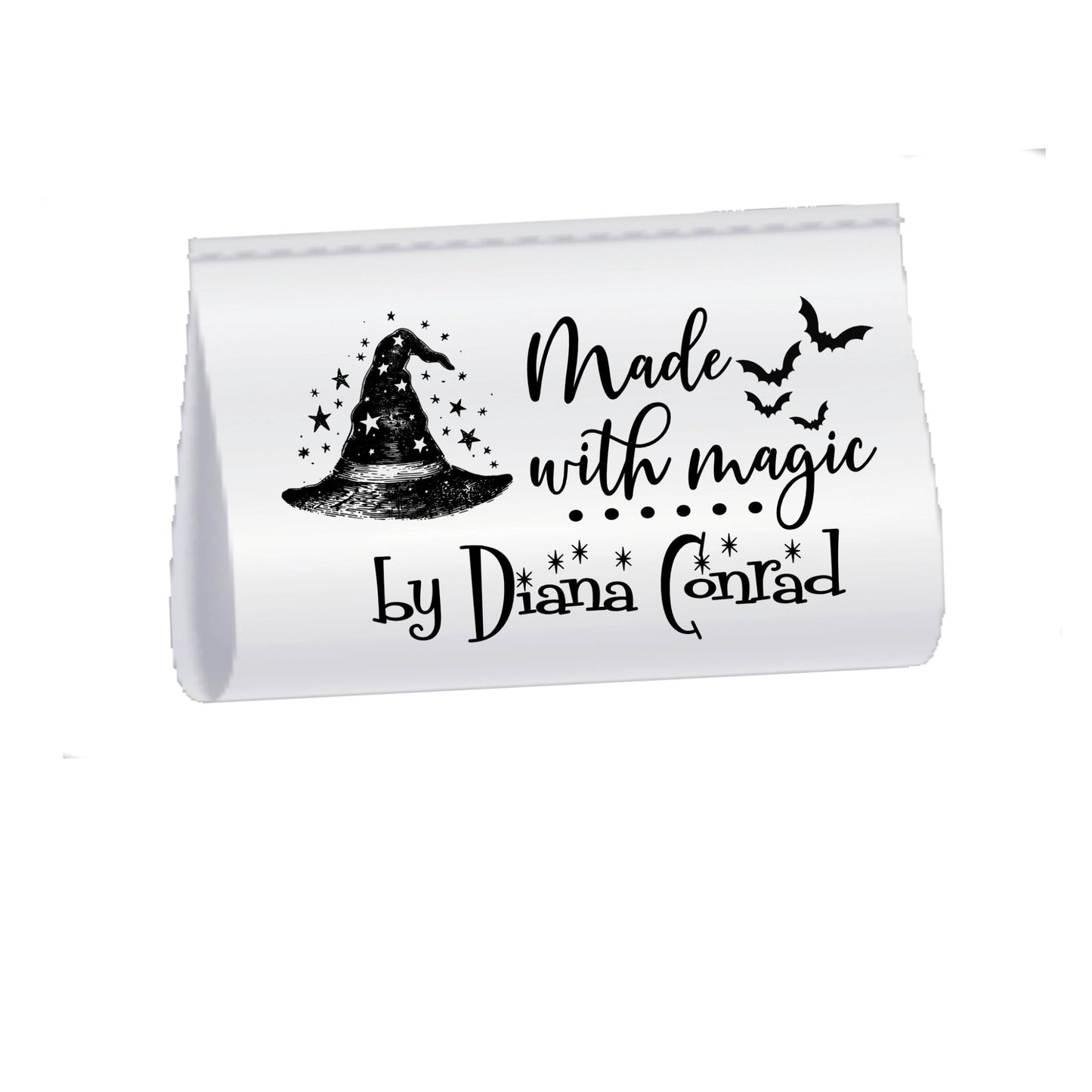 Made With Magic Satin Labels – Personalized Witch Hat Sewing Tags – Halloween Sewing Labels – Custom Fold Over Tags – 2x1 Satin (25 Pack) - Jammin Threads