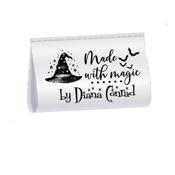 Made With Magic Satin Labels – Personalized Witch Hat Sewing Tags – Halloween Sewing Labels – Custom Fold Over Tags – 2x1 Satin (25 Pack) - Jammin Threads