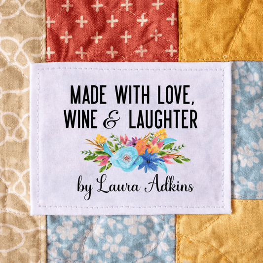 Made with Wine and Laughter Quilt Label – Personalized Floral Quilt Tag – Custom Quilt Label with Name – Funny Quilter Gift Label - Jammin Threads