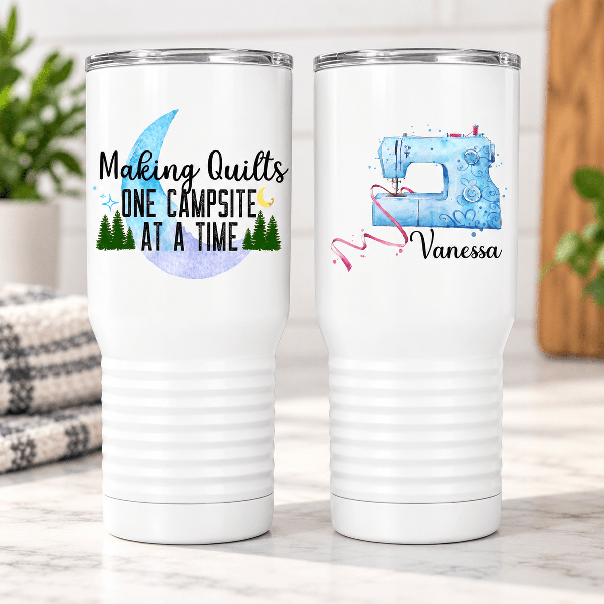 Making Quilts One Campsite at a Time – Personalized RV Quilter Drinkware - Jammin Threads