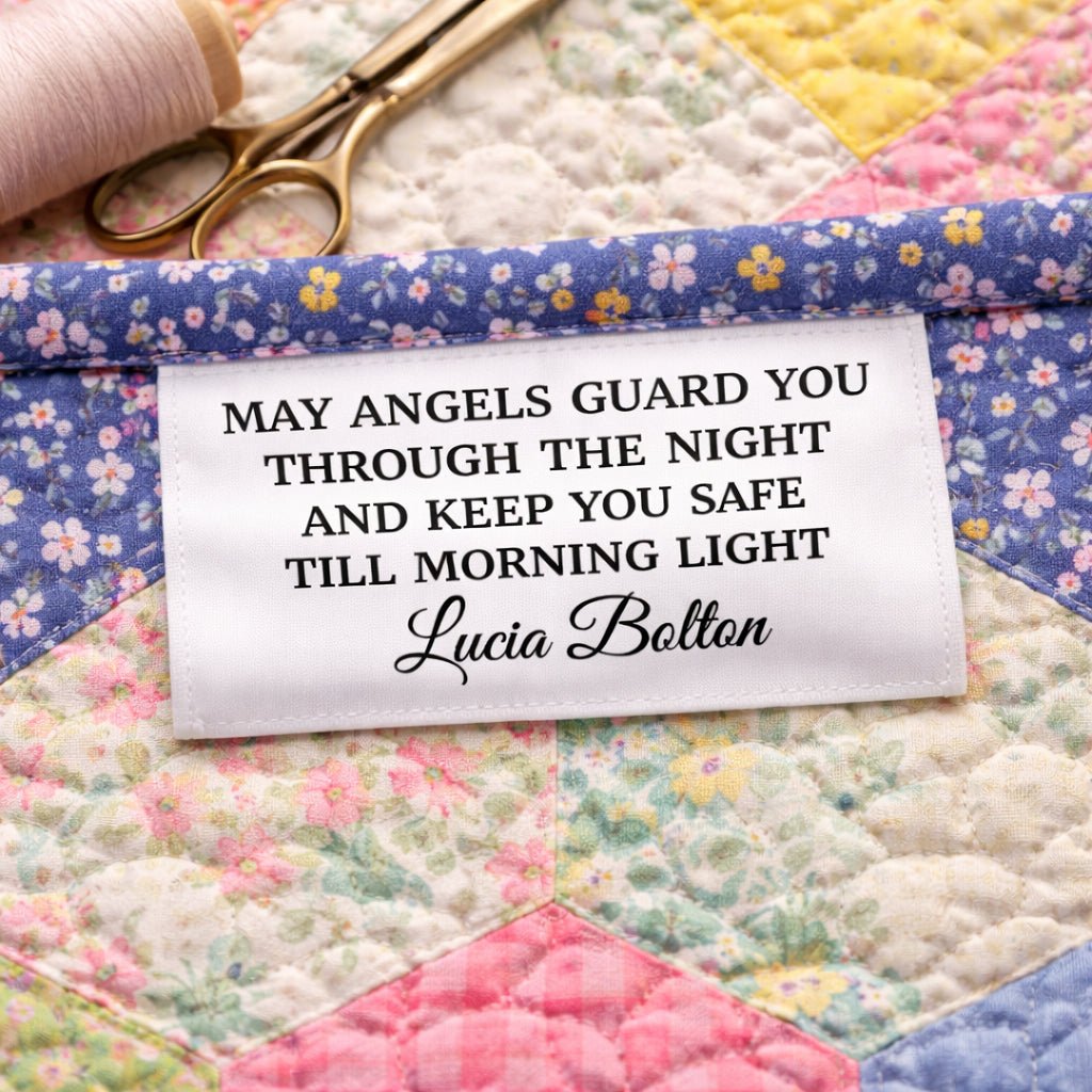 May Angels Guard You Satin Quilt Tags – Personalized Quilt Label Tag – Angel Blessing Quilt Tag – Fold Over Satin Labels – Set of 25 - Jammin Threads