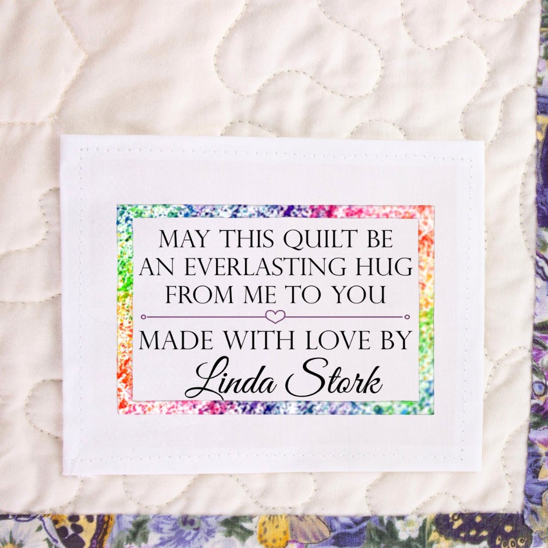 May this Quilt be An Everlasting Hug from Me to You. Handmade quilt labels - Jammin Threads