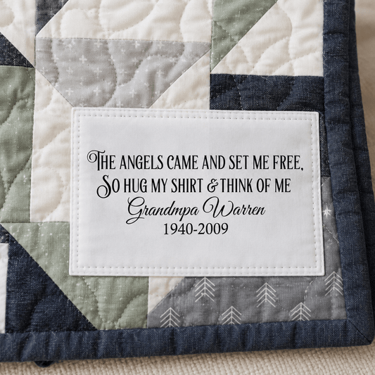 Memory Pillow Quilt Label – “The Angels Came to Set Me Free” • Personalized Name & Years • Cotton or Polyester • Sheet of 2 or 8 Labels - Jammin Threads