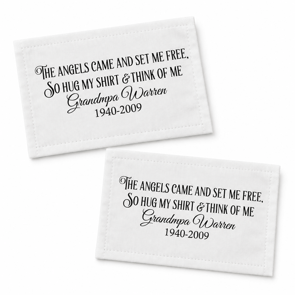 Memory Pillow Quilt Label – “The Angels Came to Set Me Free” • Personalized Name & Years • Cotton or Polyester • Sheet of 2 or 8 Labels - Jammin Threads