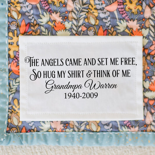 Memory Pillow Quilt Label – “The Angels Came to Set Me Free” • Personalized Name & Years • Cotton or Polyester • Sheet of 2 or 8 Labels - Jammin Threads