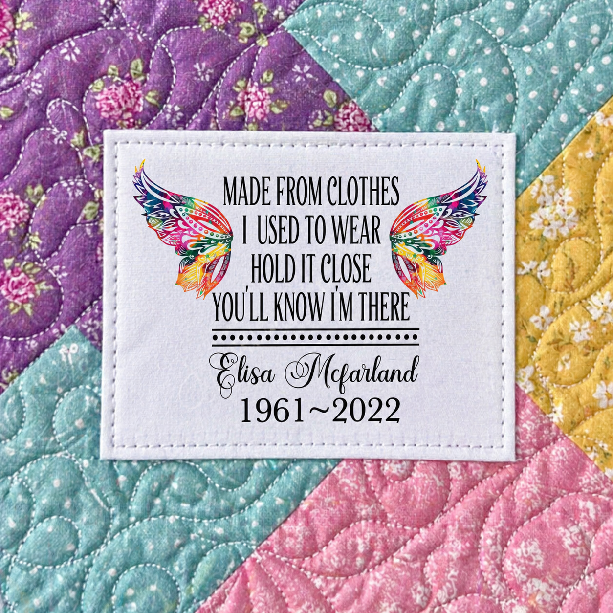 Memory Quilt Label – Personalized Name & Dates with Wings (4” x 3”) - Jammin Threads