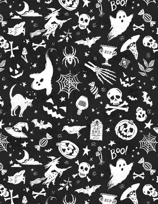 Midnight Haunting Toss Black Halloween Quilt Fabric by Michael Davis for Wilmington Prints 3008 96484 919 - Jammin Threads