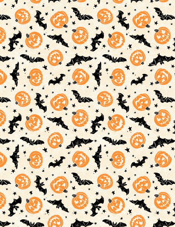Midnight Hauntings Bats and Pumpkins Cream Halloween Quilt Fabric by Michael Davis for Wilmington Prints 3008 96487 189 - Jammin Threads