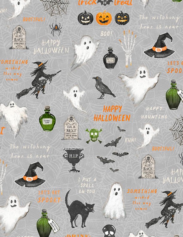 Midnight Hauntings Large All Over Gray Halloween Quilt Fabric by Michael Davis for Wilmington Prints 3008 96482 919 - Jammin Threads