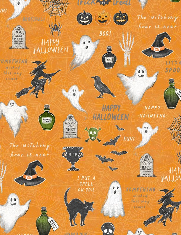 Midnight Hauntings Large All Over Orange Halloween Quilt Fabric by Michael Davis for Wilmington Prints 3008 96482 819 - Jammin Threads