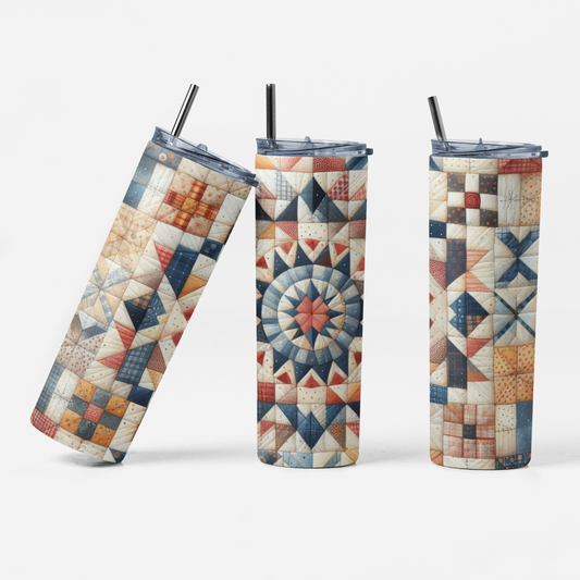 Quilt Pattern 20 oz Skinny Tumbler – Patchwork Quilt Design Insulated Travel Mug with Lid & Straw