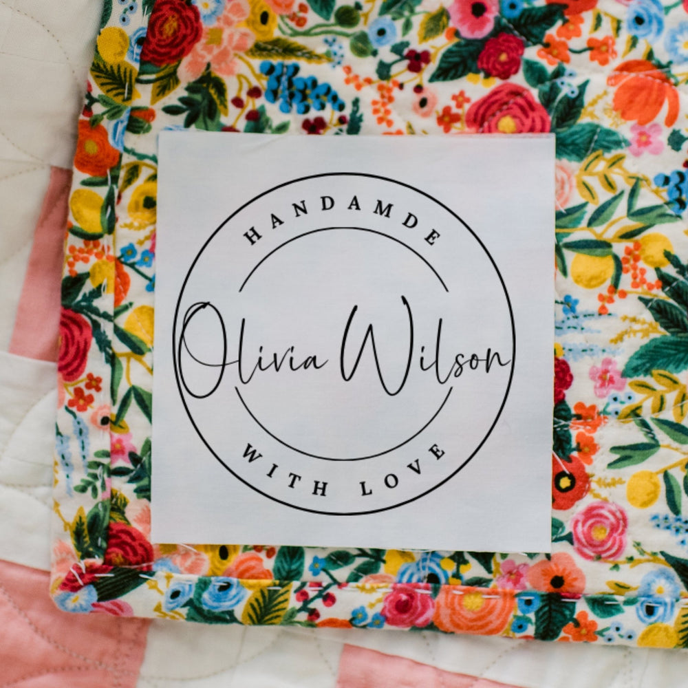 Personalized Handmade Quilt Label – Custom Name Logo Style Cotton Quilt Label – “Handmade With Love” – 2.5" Square Labels (Set of 6) - Jammin Threads