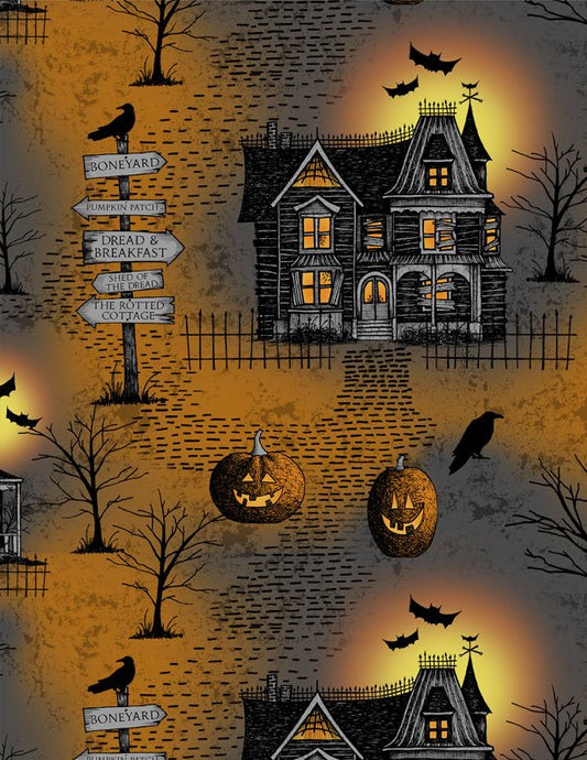 Moonlit Manor Large All Over Black and Orange Halloween Quilt Fabric by Wilmington Prints 3071 34009 988 - Jammin Threads