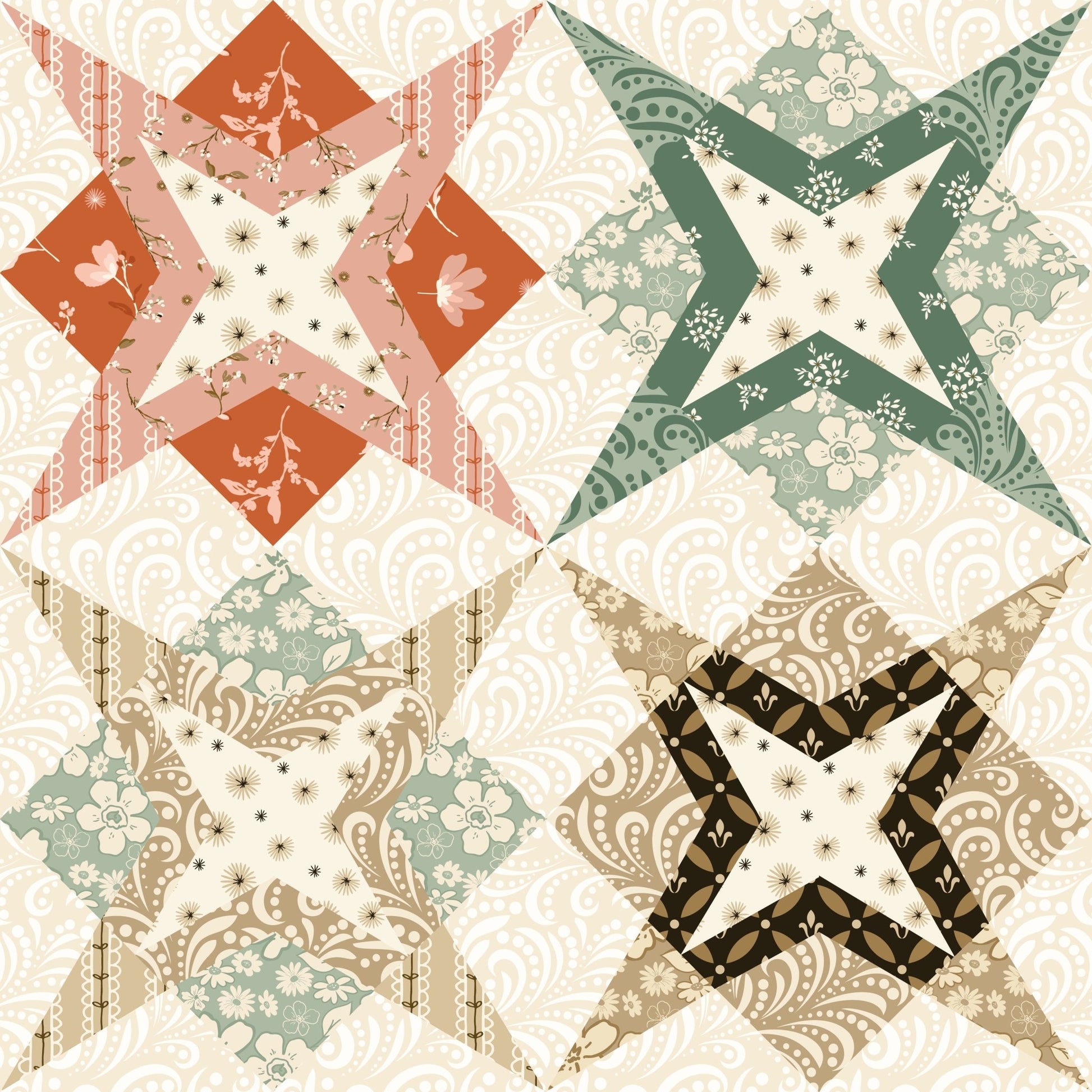 Morning Latte Quilt Fabric by Sandy Gervais Star Cheater Print Multi C16929 - MULTI - Jammin Threads