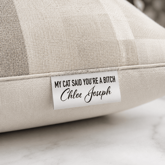 My Cat Says You’re a Bitch Personalized Satin Quilt Tag - Jammin Threads