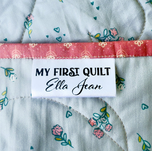 My First Quilt. Single 2 inch Satin Quilt Tag - Jammin Threads