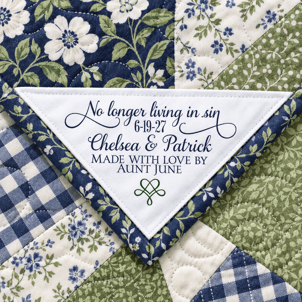 Funny wedding quilt label