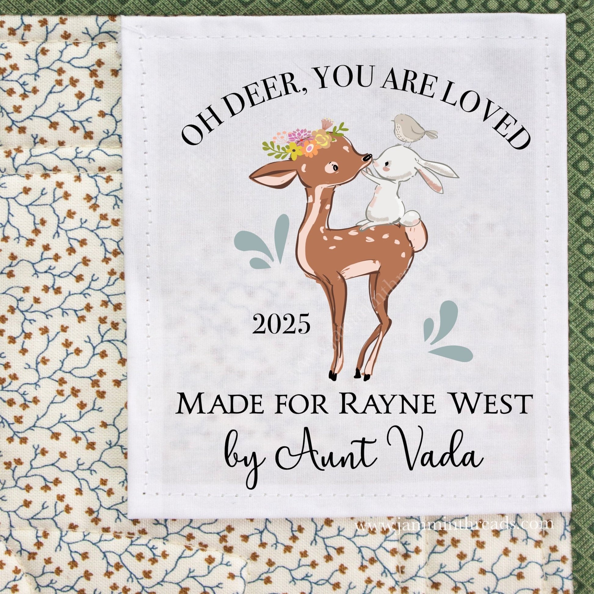 Oh Deer, You Are So Loved Personalized Quilt Label – Baby & Children’s Quilt Label | Deer & Bunny | 3″ x 2.5″ - Jammin Threads