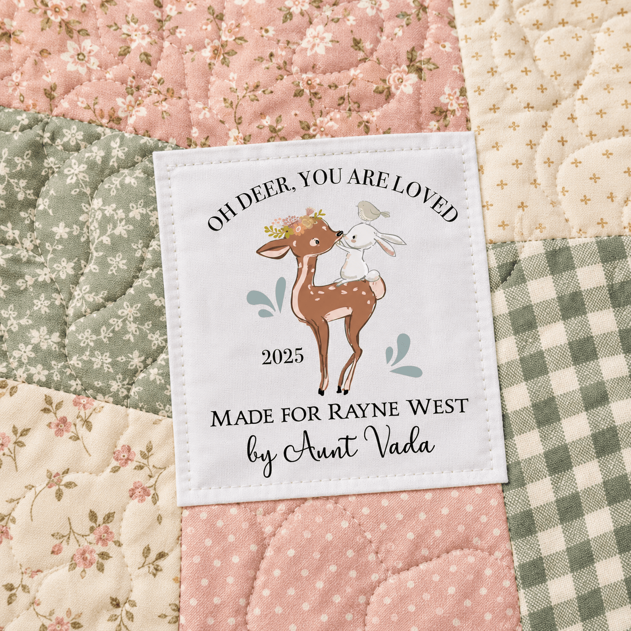 Oh Deer, You Are So Loved Personalized Quilt Label – Baby & Children’s Quilt Label | Deer & Bunny | 3″ x 2.5″ - Jammin Threads