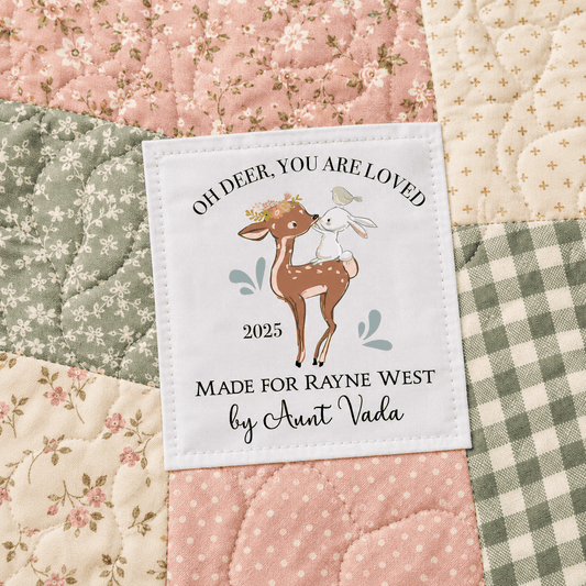 Oh Deer, You Are So Loved Personalized Quilt Label – Baby & Children’s Quilt Label | Deer & Bunny | 3″ x 2.5″ - Jammin Threads