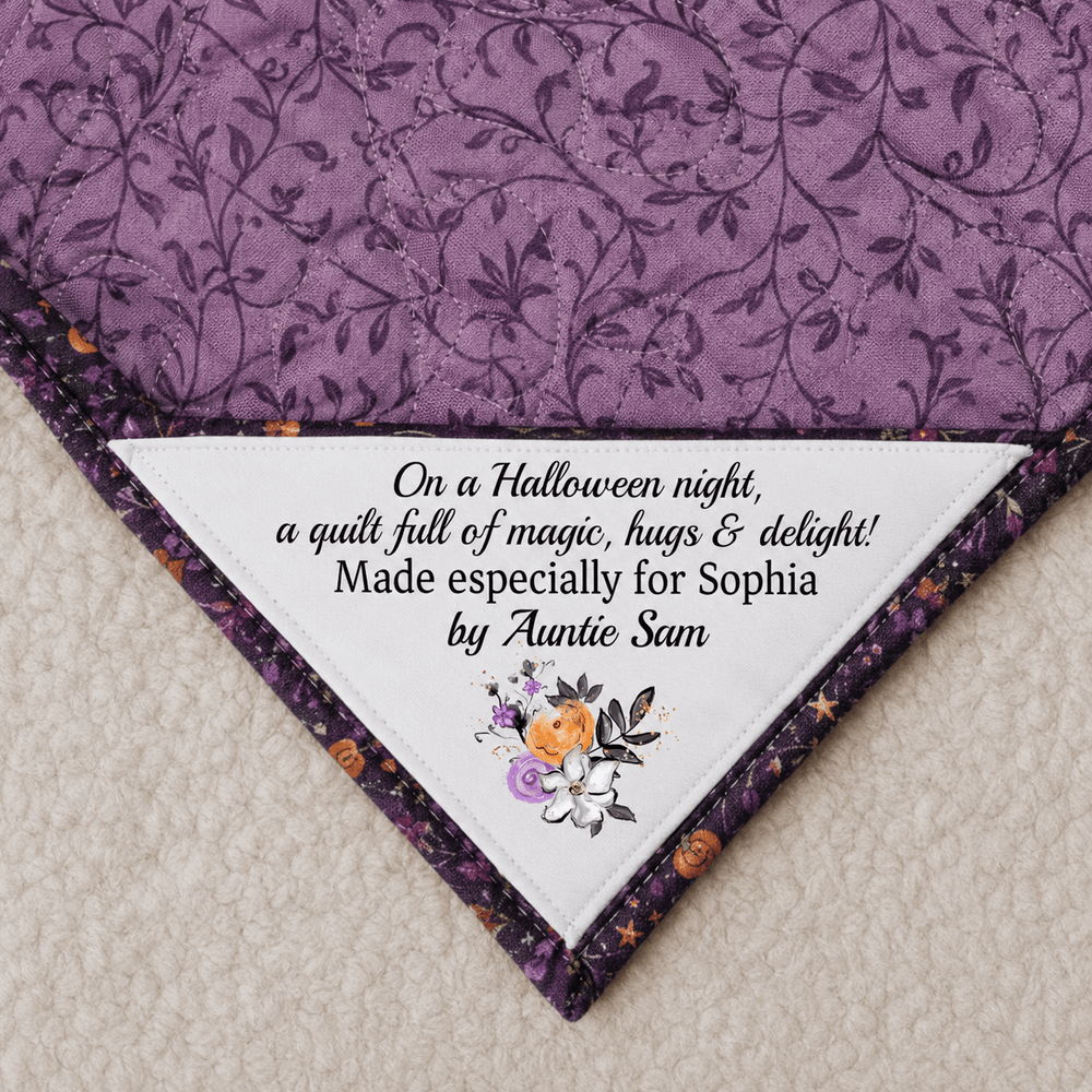 On a Halloween night, a quilt full of magic, hugs, and delight!. Corner Quilt Label - Jammin Threads