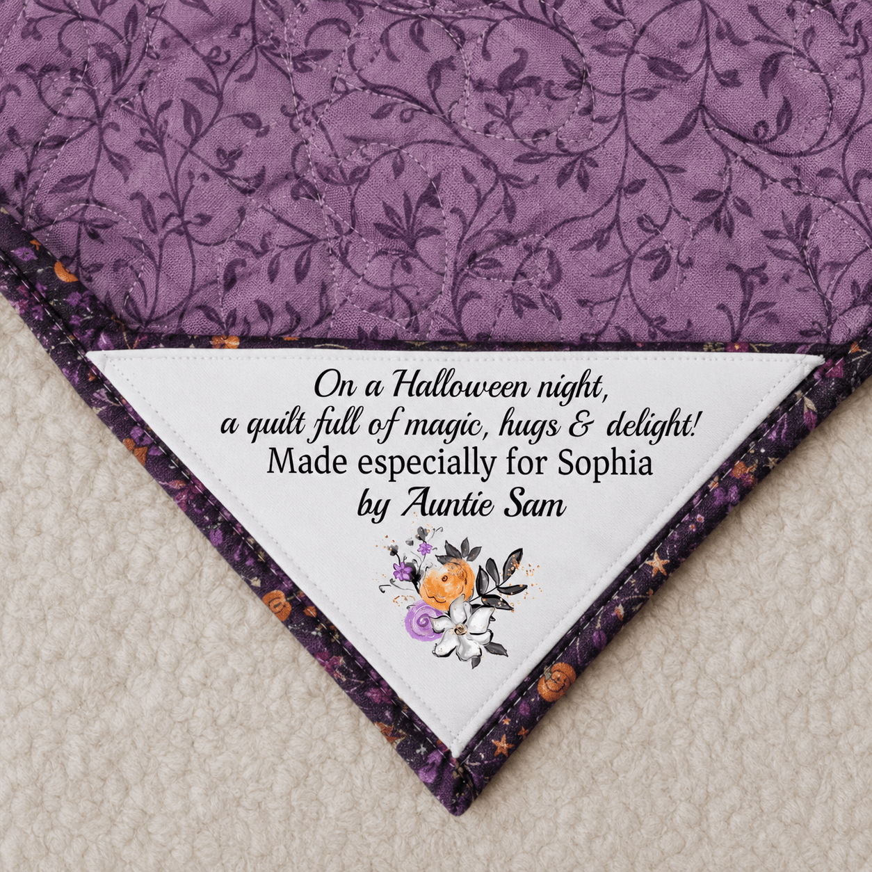 On a Halloween night, a quilt full of magic, hugs, and delight!. Corner Quilt Label - Jammin Threads
