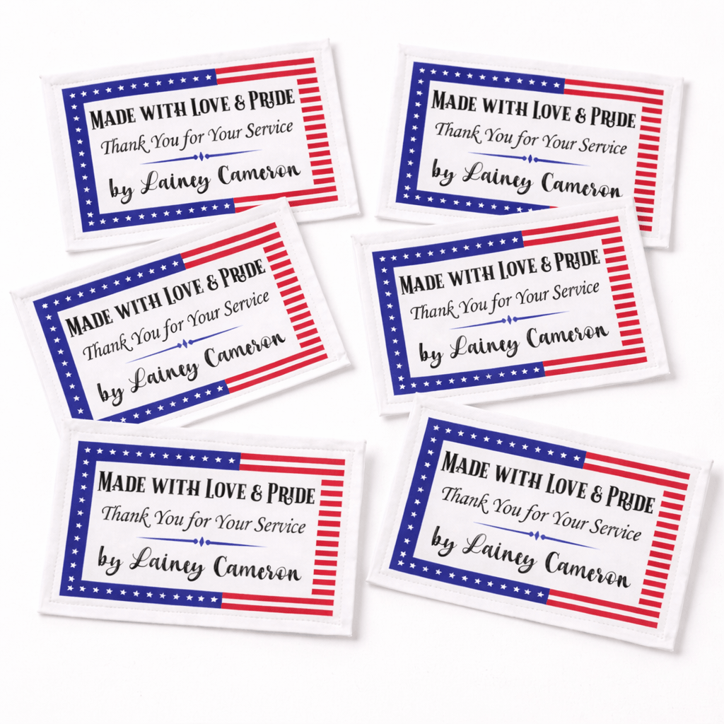 Patriotic Quilt Label Personalized – “Made with Love & Pride” Military Quilt Tag – Thank You for Your Service – 6 Per Sheet - Jammin Threads