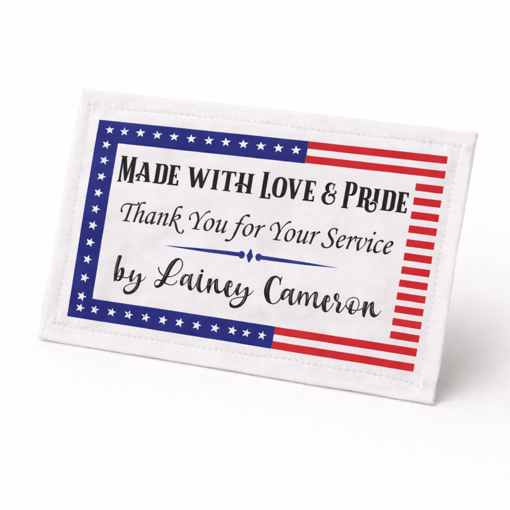 Patriotic Quilt Label Personalized – “Made with Love & Pride” Military Quilt Tag – Thank You for Your Service – 6 Per Sheet - Jammin Threads