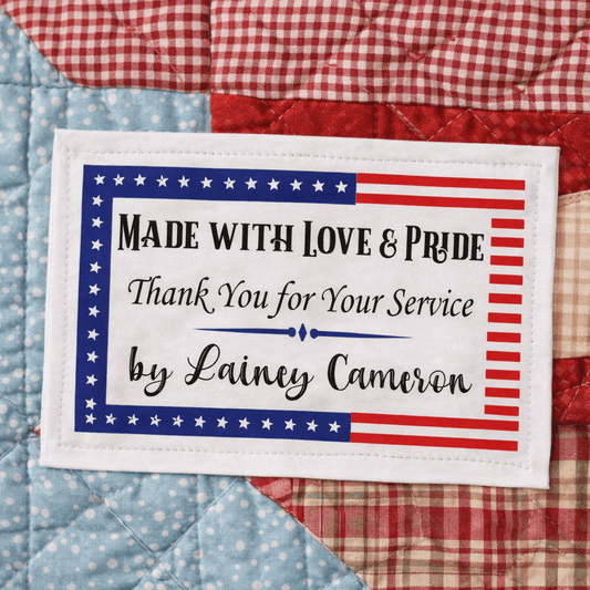 Patriotic Quilt Label Personalized – “Made with Love & Pride” Military Quilt Tag – Thank You for Your Service – 6 Per Sheet - Jammin Threads