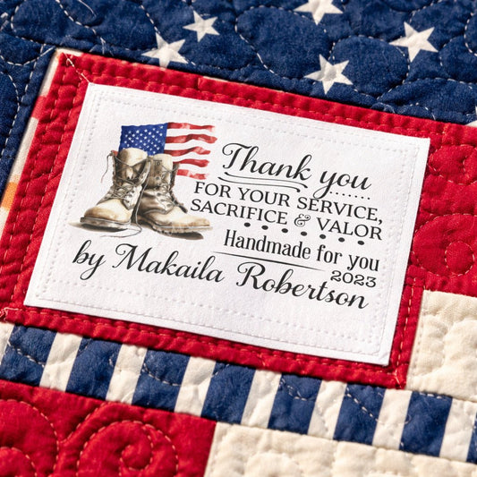 Patriotic Quilt Label – Thank You for Your Service – Personalized Military Quilt Tag – Custom Name & Year – Cotton Sew - On Label - Jammin Threads