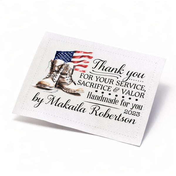 Patriotic Quilt Label – Thank You for Your Service – Personalized Military Quilt Tag – Custom Name & Year – Cotton Sew - On Label - Jammin Threads