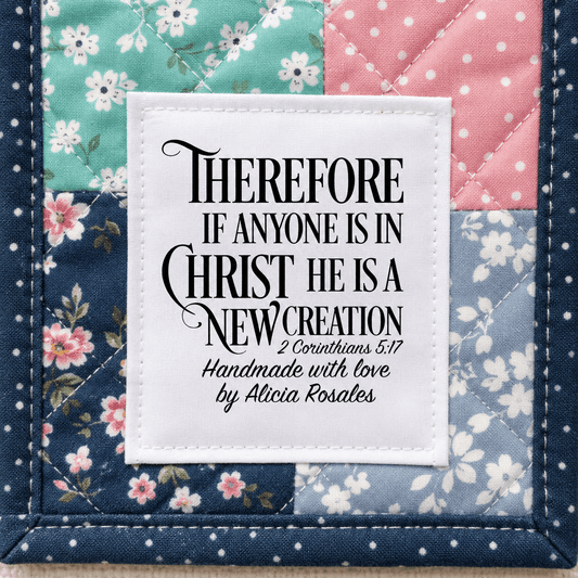 Personalized 2 Corinthians 5:17 Quilt Label | “Therefore If Anyone Is in Christ” Custom Maker Quilt Tag - Jammin Threads