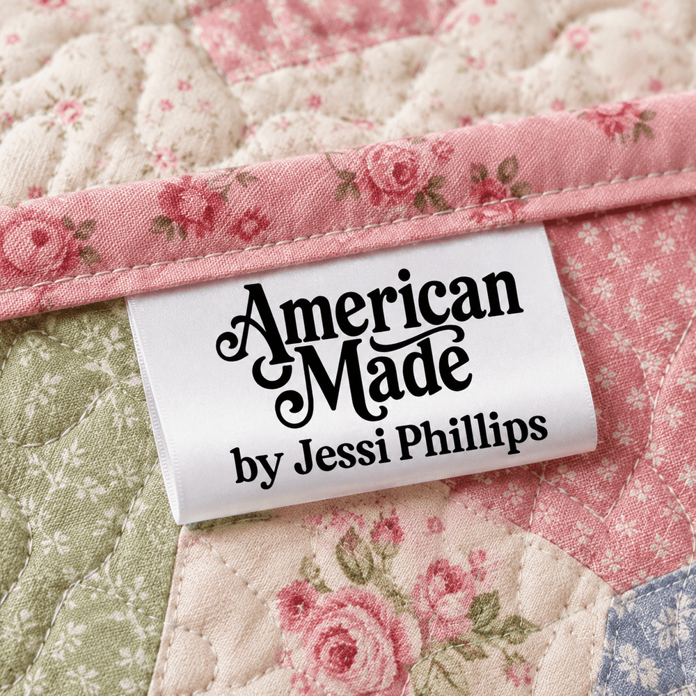 Personalized “American Made” Satin Quilt Tags - Jammin Threads
