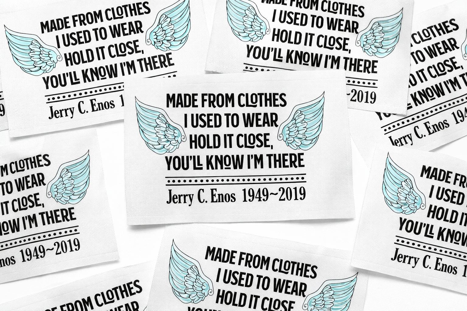Personalized Angel Wing Memory Quilt Label – “Made From Clothes I Used to Wear” Memorial Quilt Label with Name and Dates – Custom Remembrance Quilt Label 3 x 4" - Jammin Threads